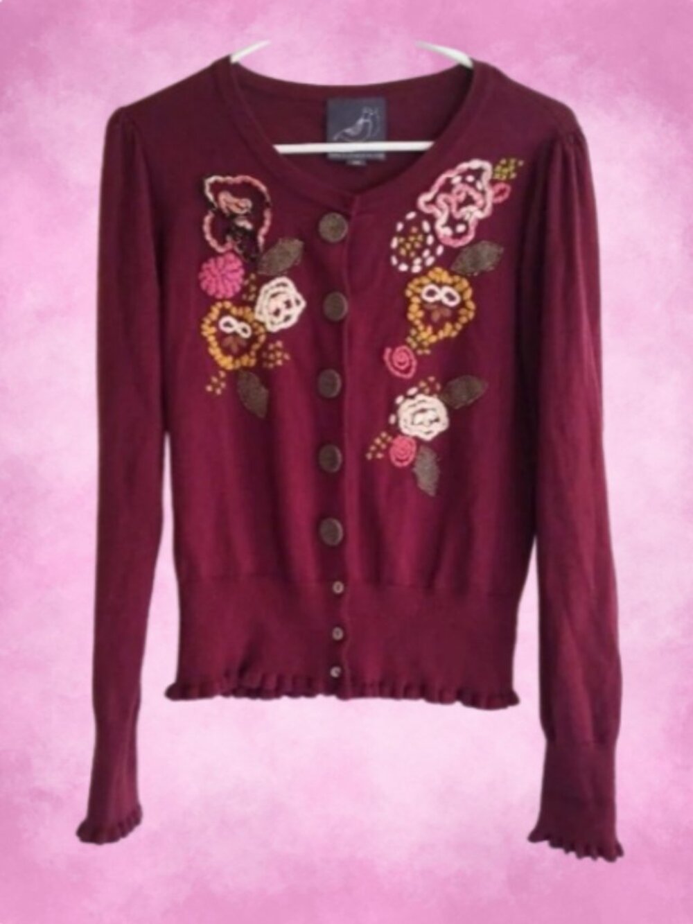 Knitted Dove Maroon Embroidered Cardigan Sweater M Cottagecore Retro Whimsical